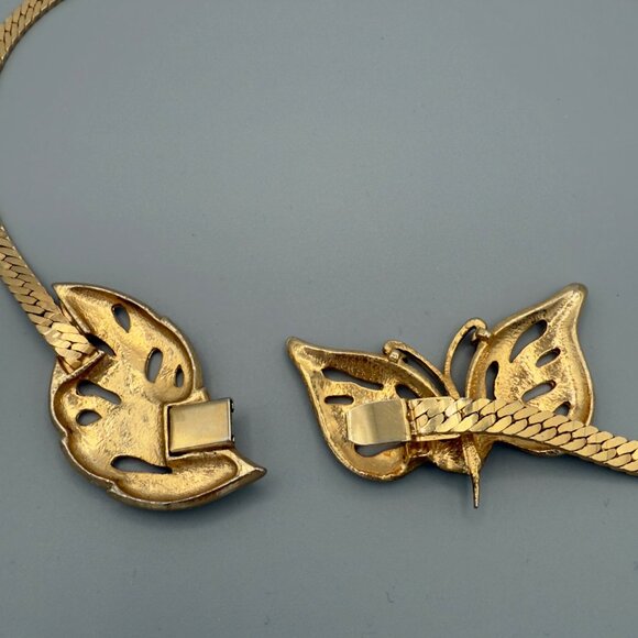 Vintage Gold-Tone Butterfly & Leaf Necklace With Textured Chain 16" - Picture 10 of 11